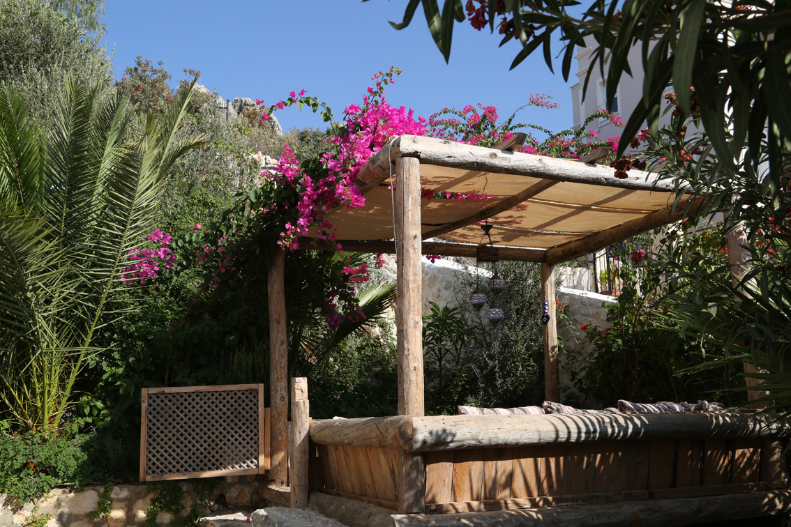 Pink bougainvillea growing over the Ottoman seating area