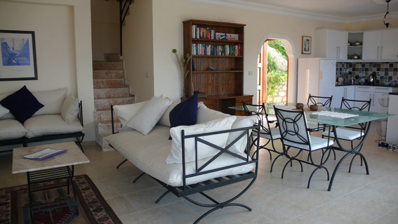 Modern open-plan living area in Kalkan villa rental