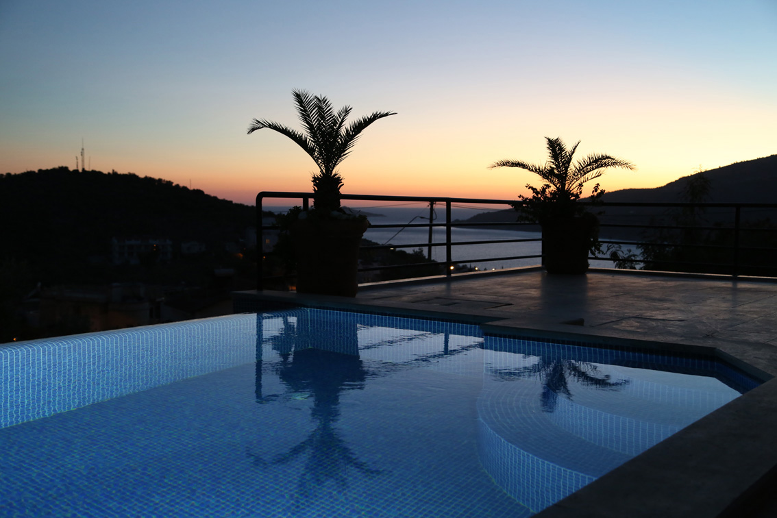Pool and view of Kalamar at sunset