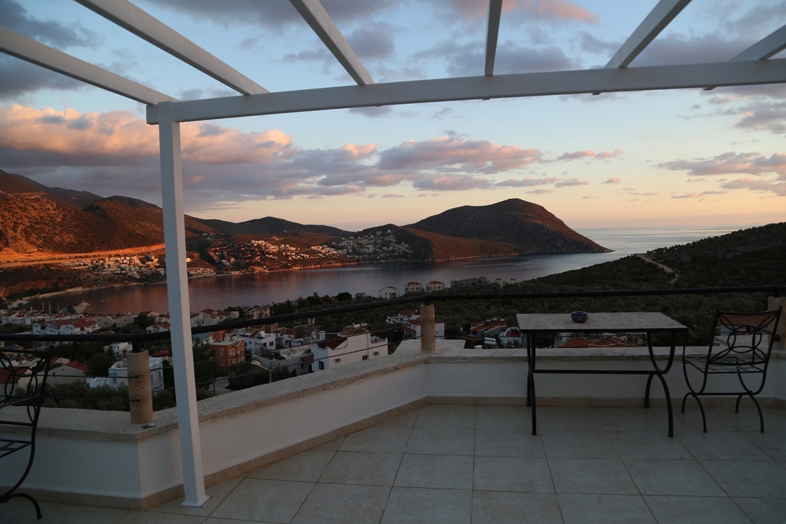 View of sea and Kalkan from roof terrace at sunsets