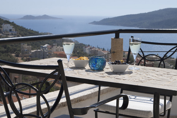 Views of Kalamar bay, and Mouse and Snake Islands, from roof terrace table