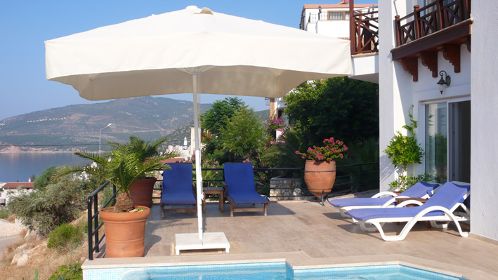 Private terrace with shade and views of Kalamar bay, Kalkan villa rental
