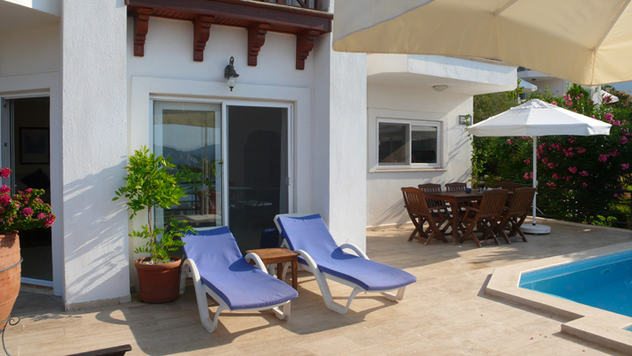 Sunloungers on private terrace of holiday villa rental, Kalkan