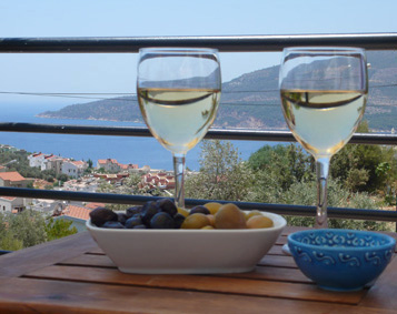 Local olives and chilled wine on pool terrace with sea views